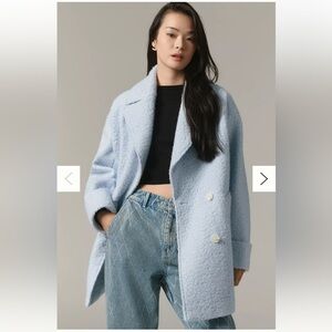ANTHRO sky blue teddy coat double breasted boucle pea coat style above knee NEW